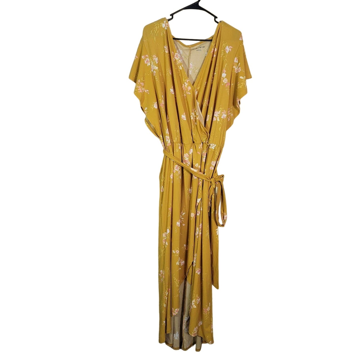 Ava & Viv Size 4X Mustard Yellow Floral Surplice Neck High Low Wrap Dress