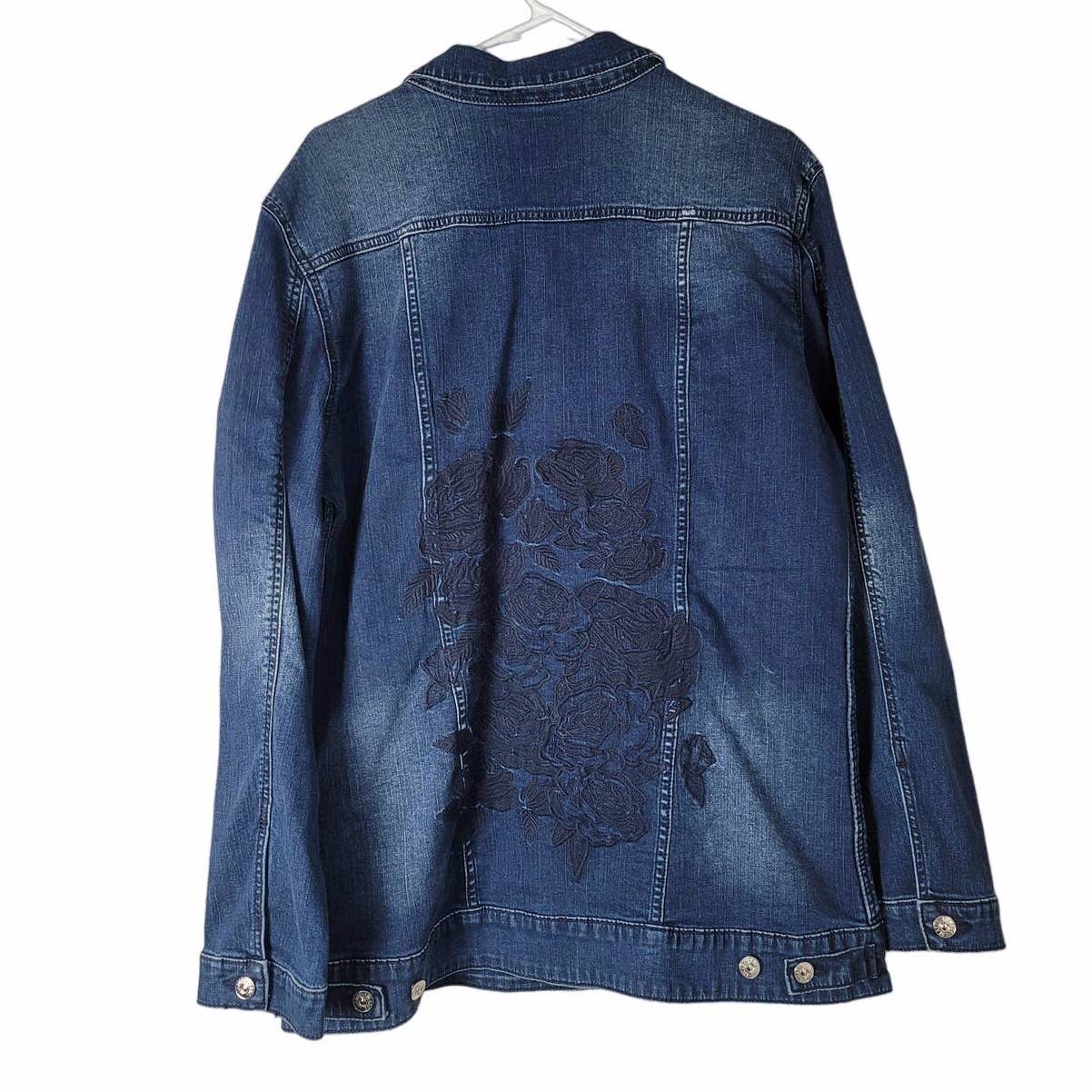 LuLaRoe Jaxon Denim Jean Jacket Dark Wash Floral Embroidered Size XL