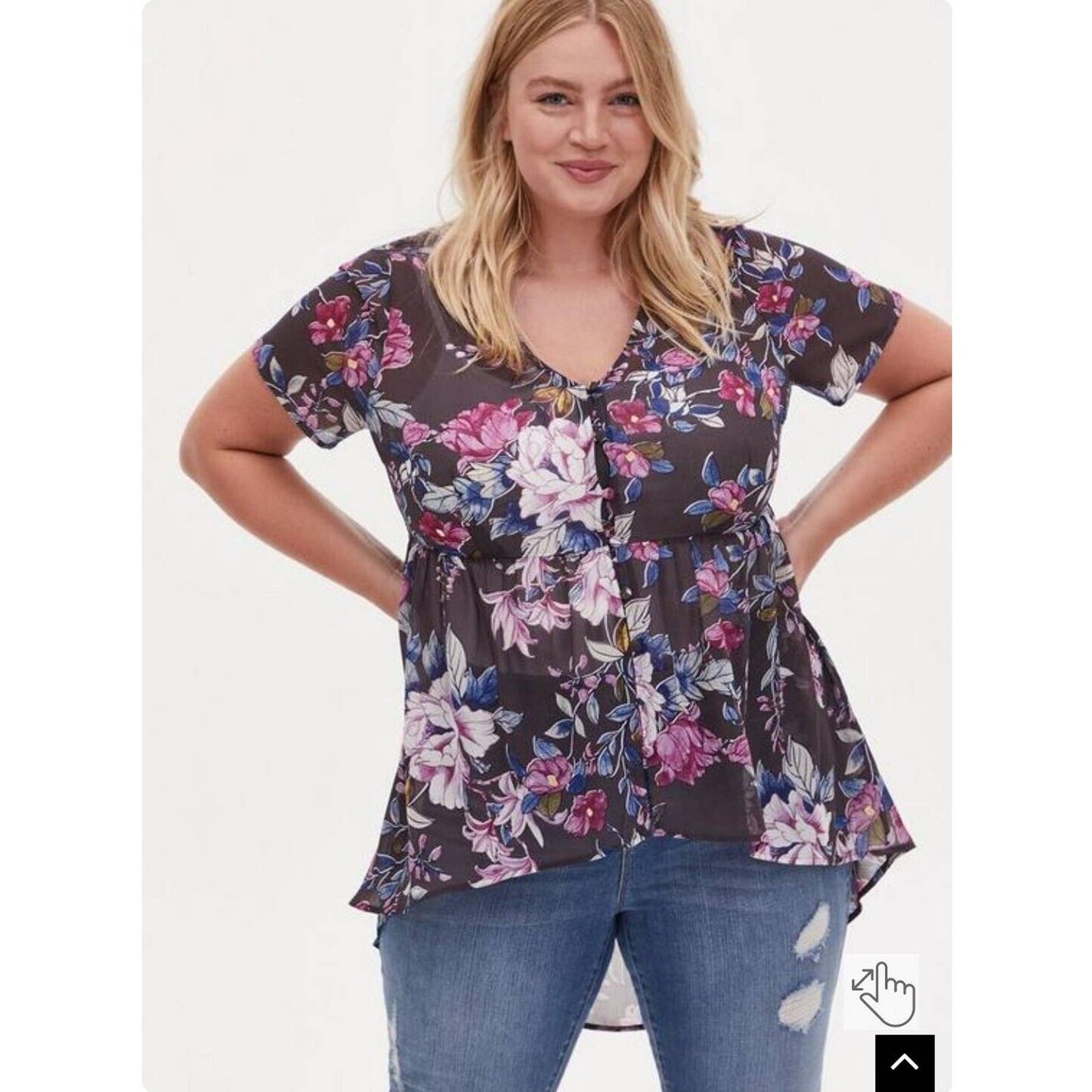 Torrid Babydoll Blouse Top Gray Floral Chiffon Button Front High Low Size 2 2X