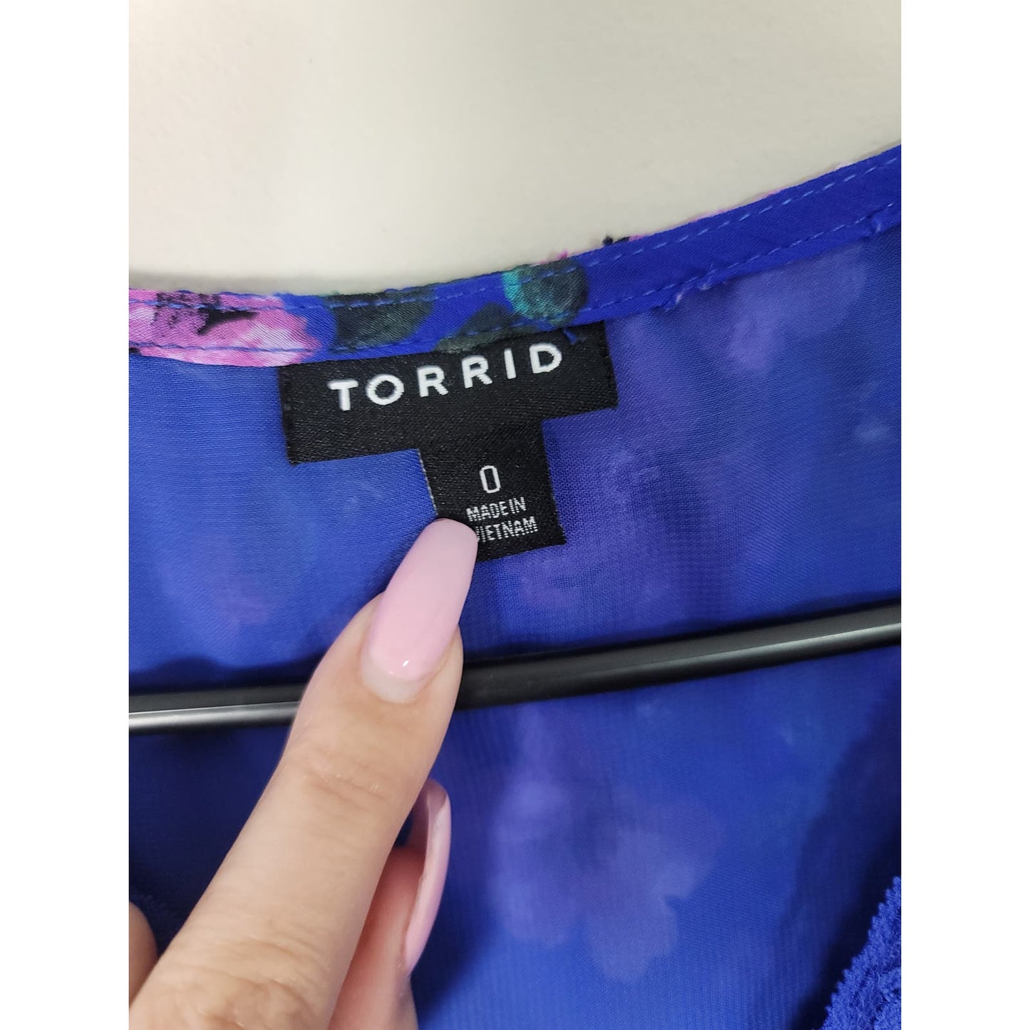Torrid Peplum Blouse Top Blue Floral Chiffon Clip Dot Lace Inset Plus Size 0/0X