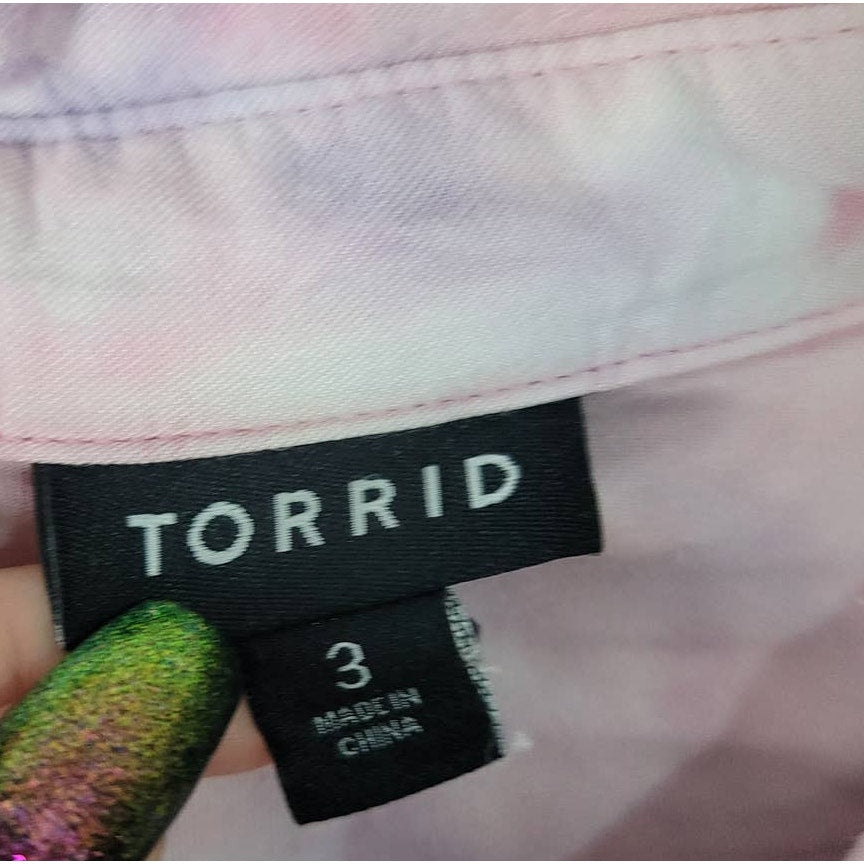 Torrid Blouse Plus Size 3X Button-Up Long Sleeve Pink Purple Tie Dye